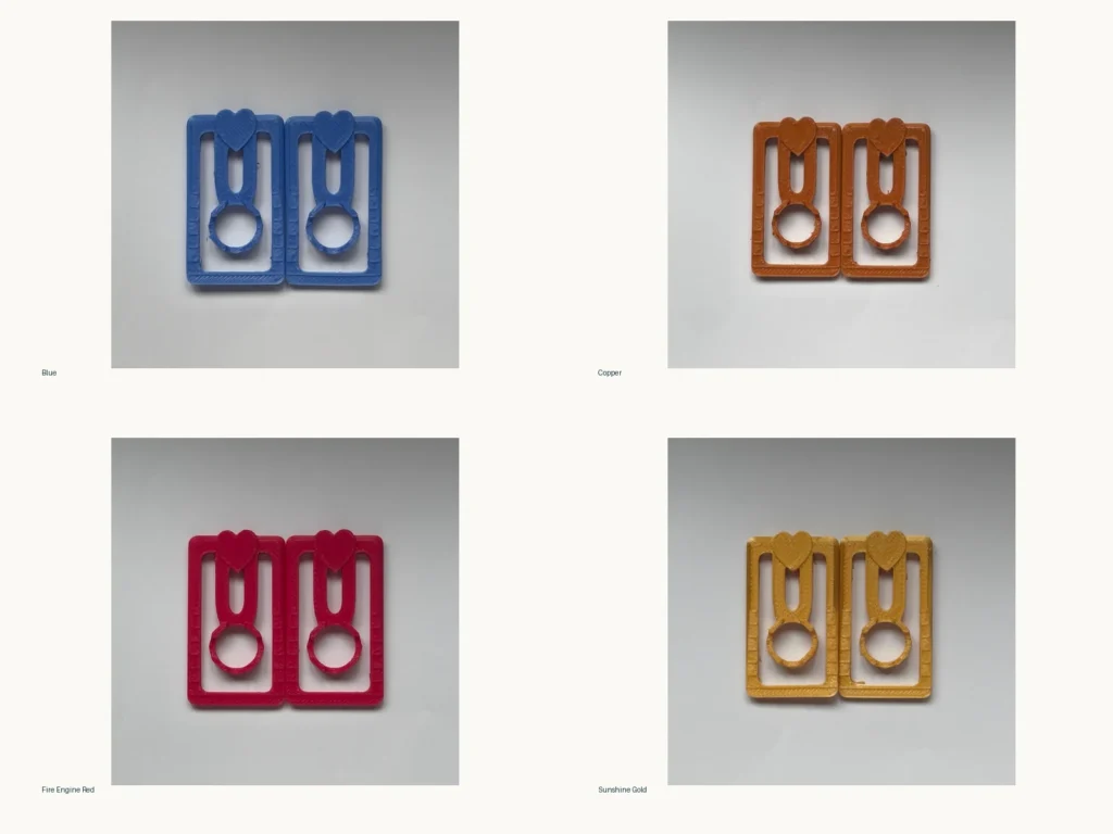 Four colour options of Uroclips urine bag reinforcement clips